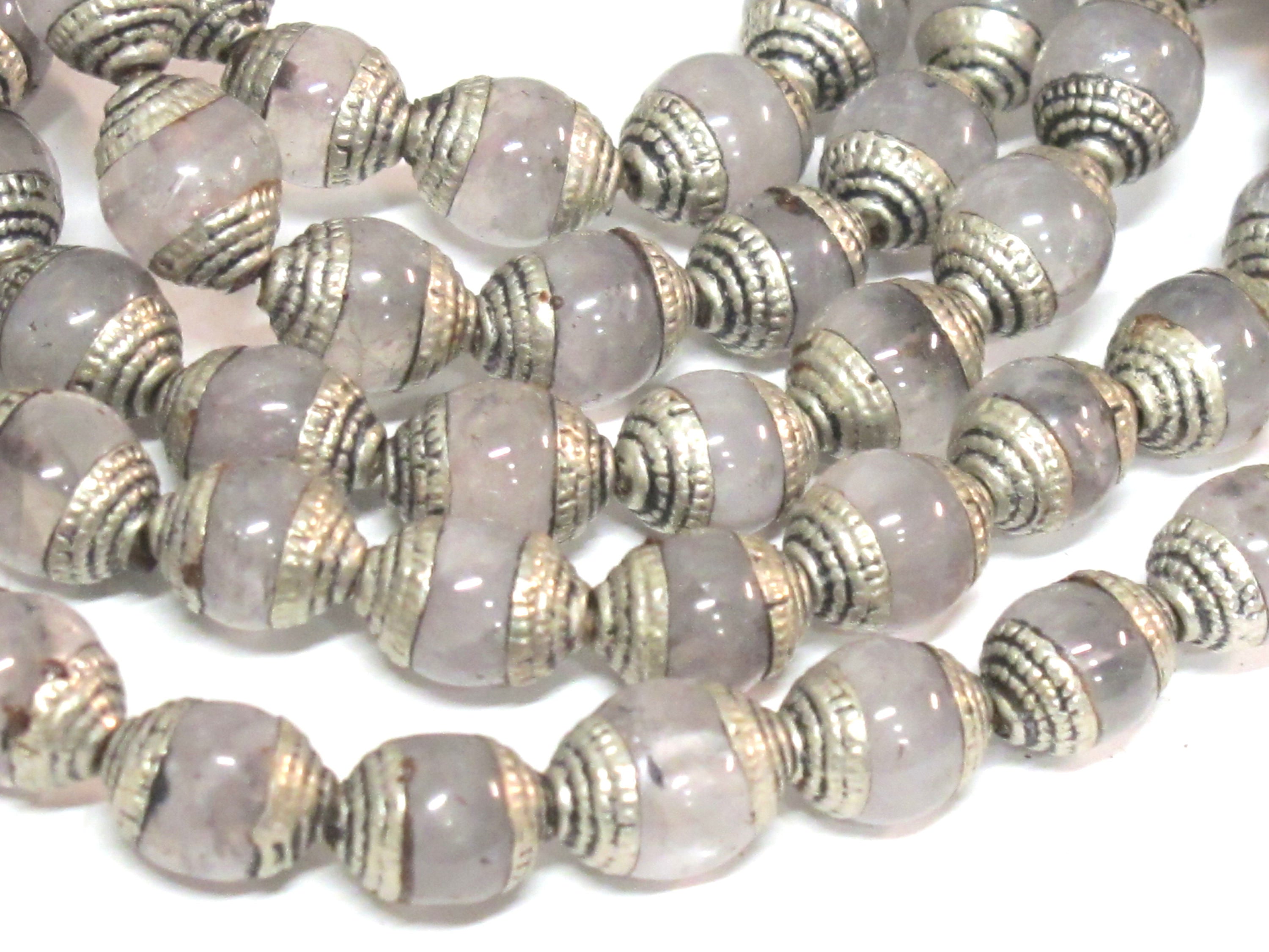 4 Beads - Tibetan antiqued silver color capped quartz gemstone beads from Nepal 9 - 10 mm x 11-12 mm - BD974A