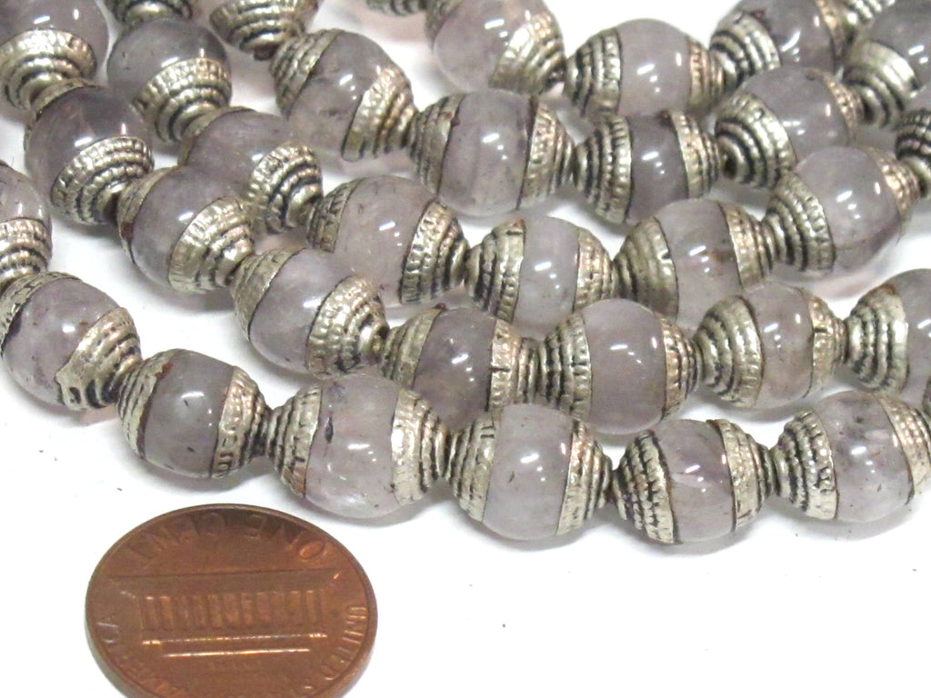 4 Beads - Tibetan antiqued silver color capped quartz gemstone beads from Nepal 9 - 10 mm x 11-12 mm - BD974A