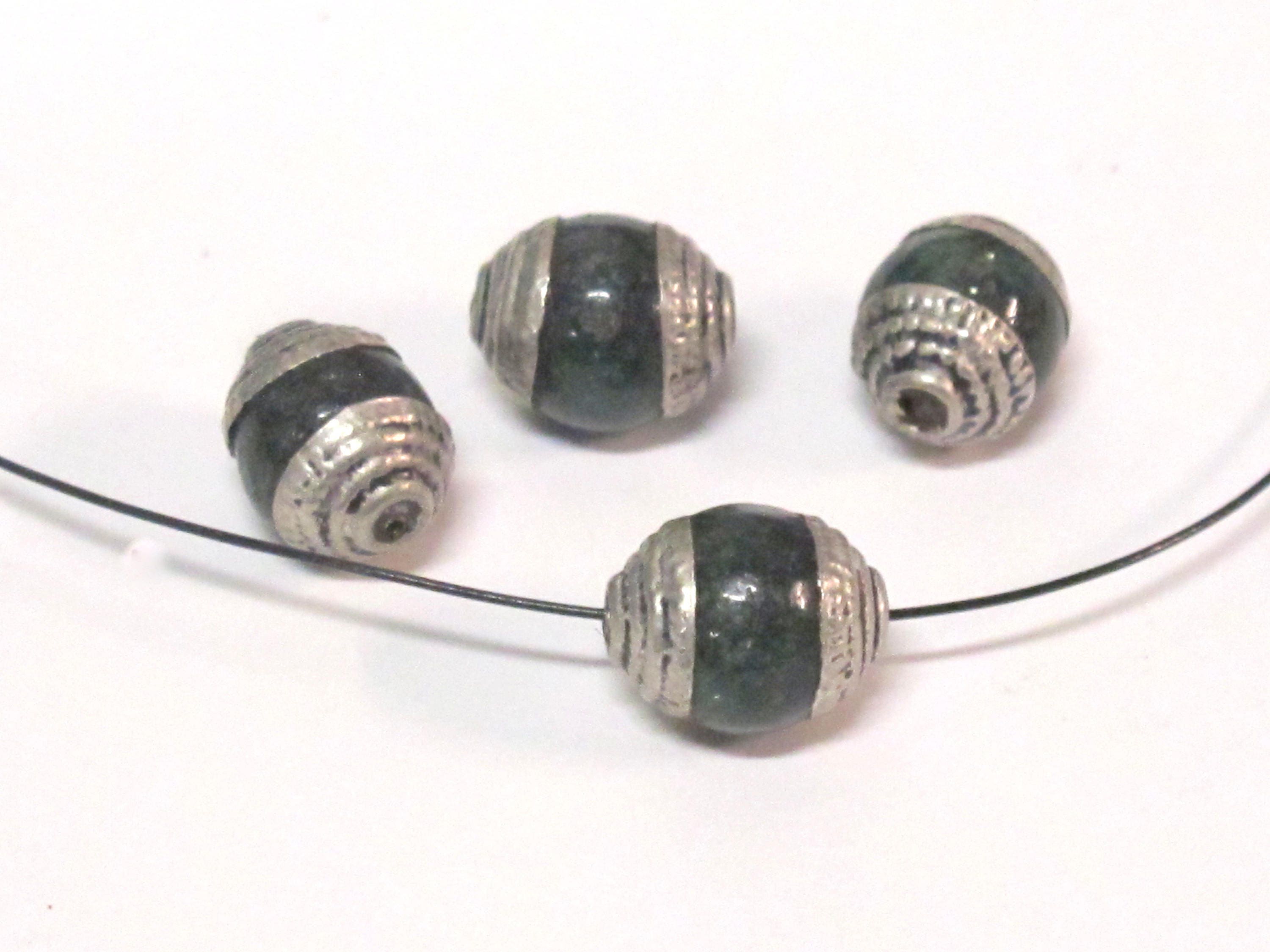 4 Beads - Tibetan silver tone capped small size green color agate beads from Nepal 8-9 mm x 9 -11 mm - BD975A