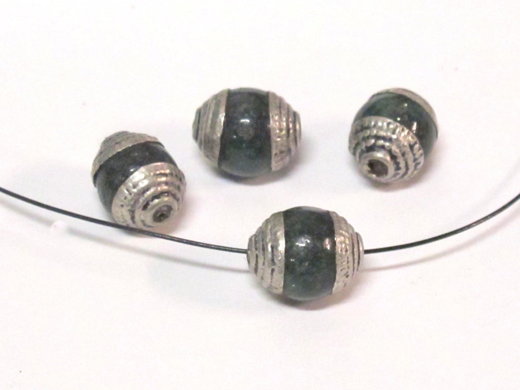 4 Beads - Tibetan silver tone capped small size green color agate beads from Nepal 8-9 mm x 9 -11 mm - BD975Ax