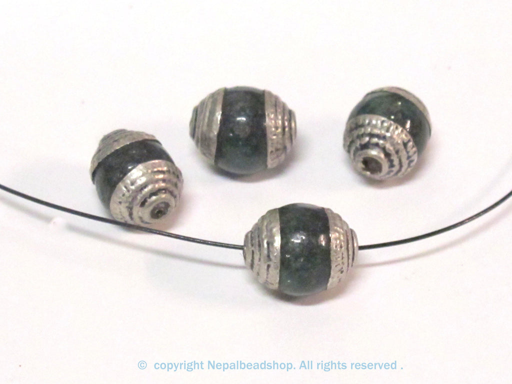 4 Beads - Tibetan silver tone capped small size green color agate beads from Nepal 8-9 mm x 9 -11 mm - BD975A