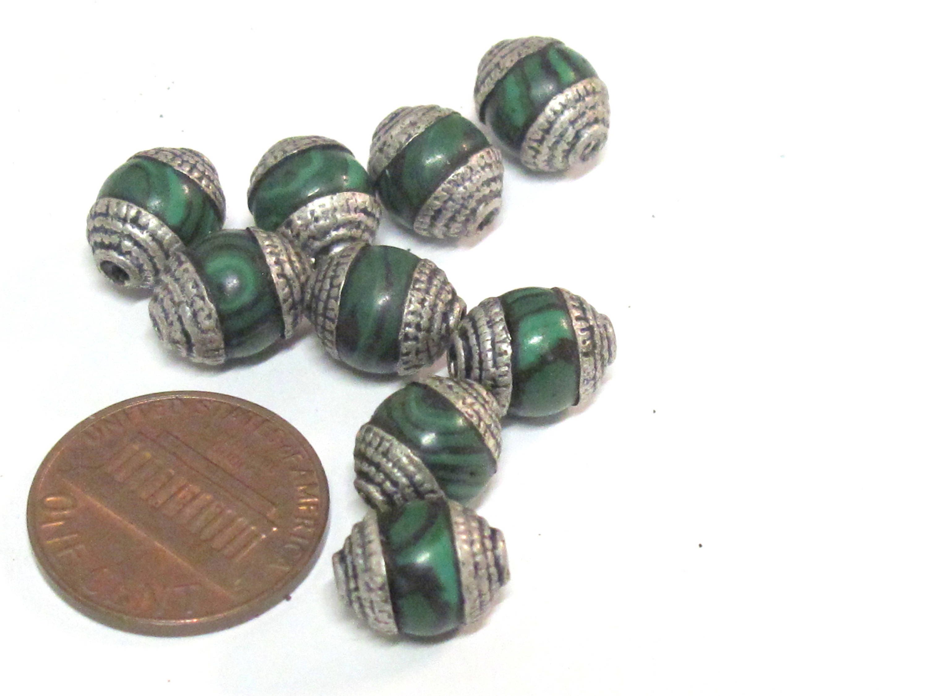 4 Beads - Tibetan silver tone capped small size green synthetic malachite gemstone beads from Nepal 8-9 mm thick x 9 -11 mm long - BD976A