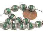 4 Beads - Tibetan silver tone capped small size green synthetic malachite gemstone beads from Nepal 8-9 mm thick x 9 -11 mm long - BD976A