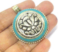 1 Pendant - Tibetan lotus flower double dorje symbol reversible pendant with turquoise inlay - PM610A