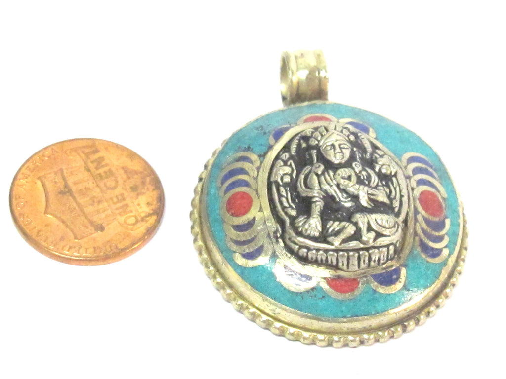 1 Pendant - Tibetan Buddha double dorje symbol reversible pendant with turquoise inlay - PM610B
