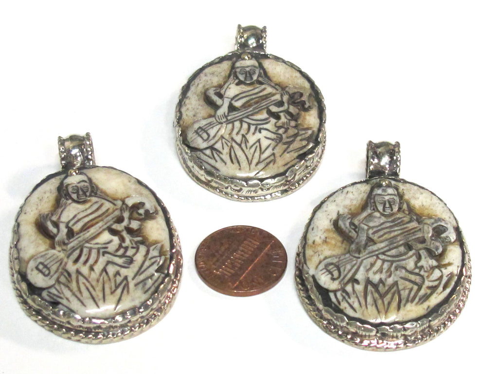 1 Pendant - Intricate carved ethnic Hindu Goddess Saraswati Maa recycled cattle bone pendant with floral carving on reverse side - PB007K