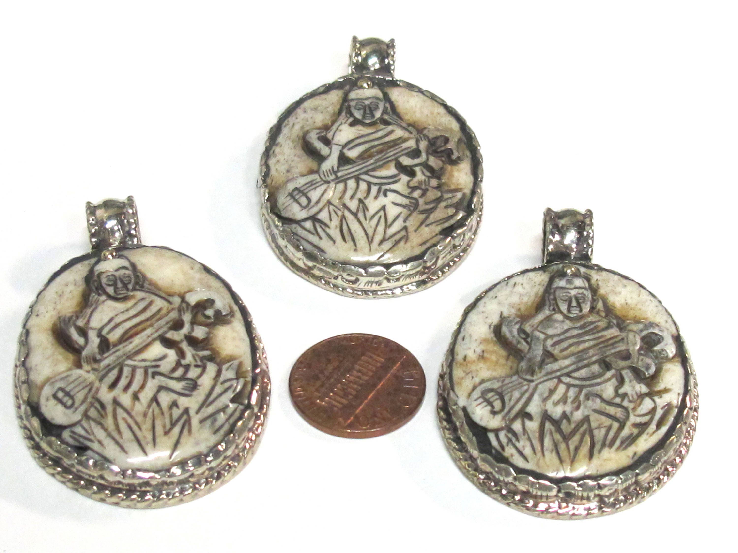 1 Pendant - Intricate carved ethnic Hindu Goddess Saraswati Maa recycled cattle bone pendant with floral carving on reverse side - PB007K