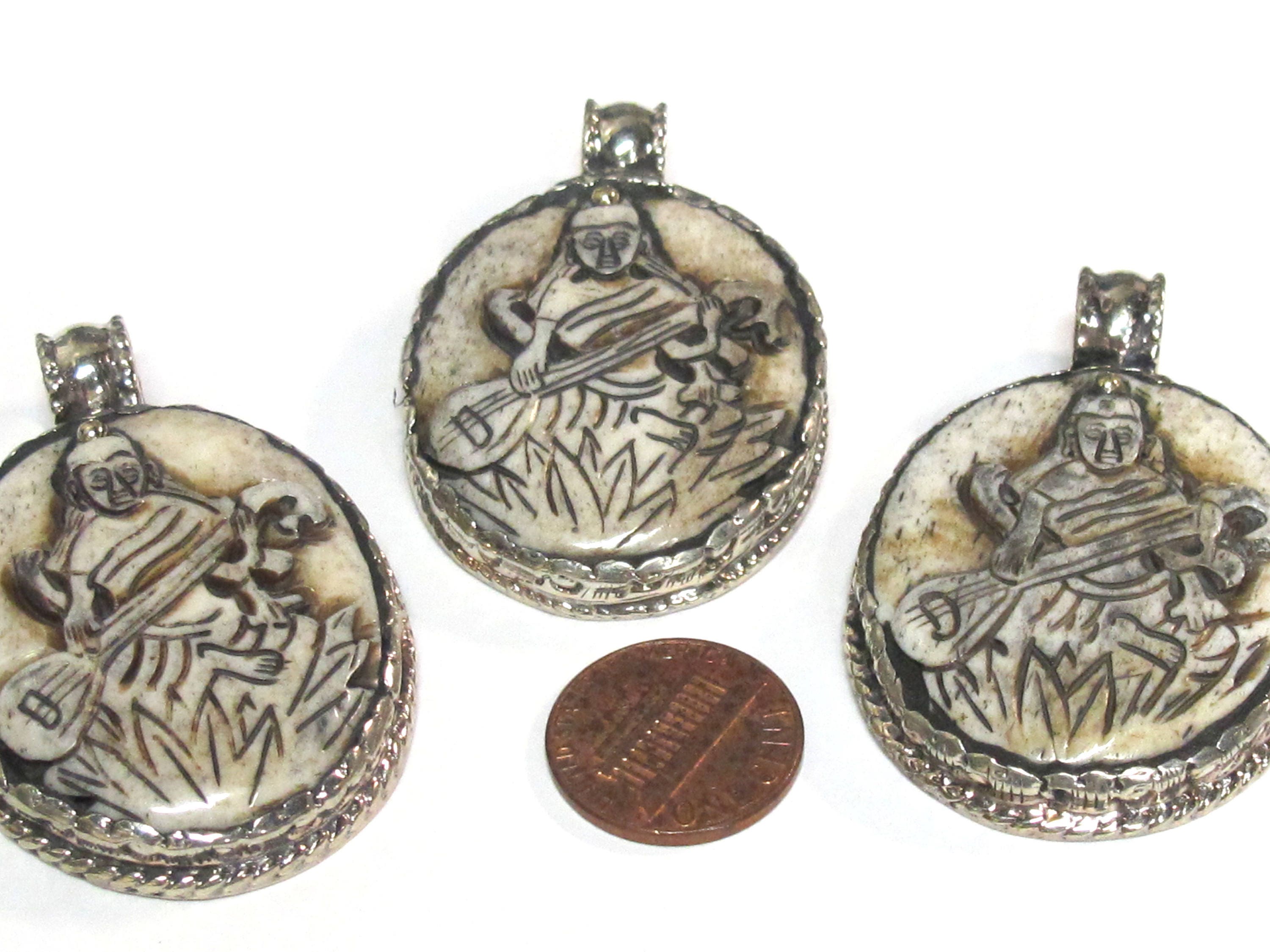 1 Pendant - Intricate carved ethnic Hindu Goddess Saraswati Maa recycled cattle bone pendant with floral carving on reverse side - PB007K