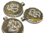 1 Pendant - Tibetan honey copal resin Om mantra pendant with reverse side Lotus flower design filigree - PM292K