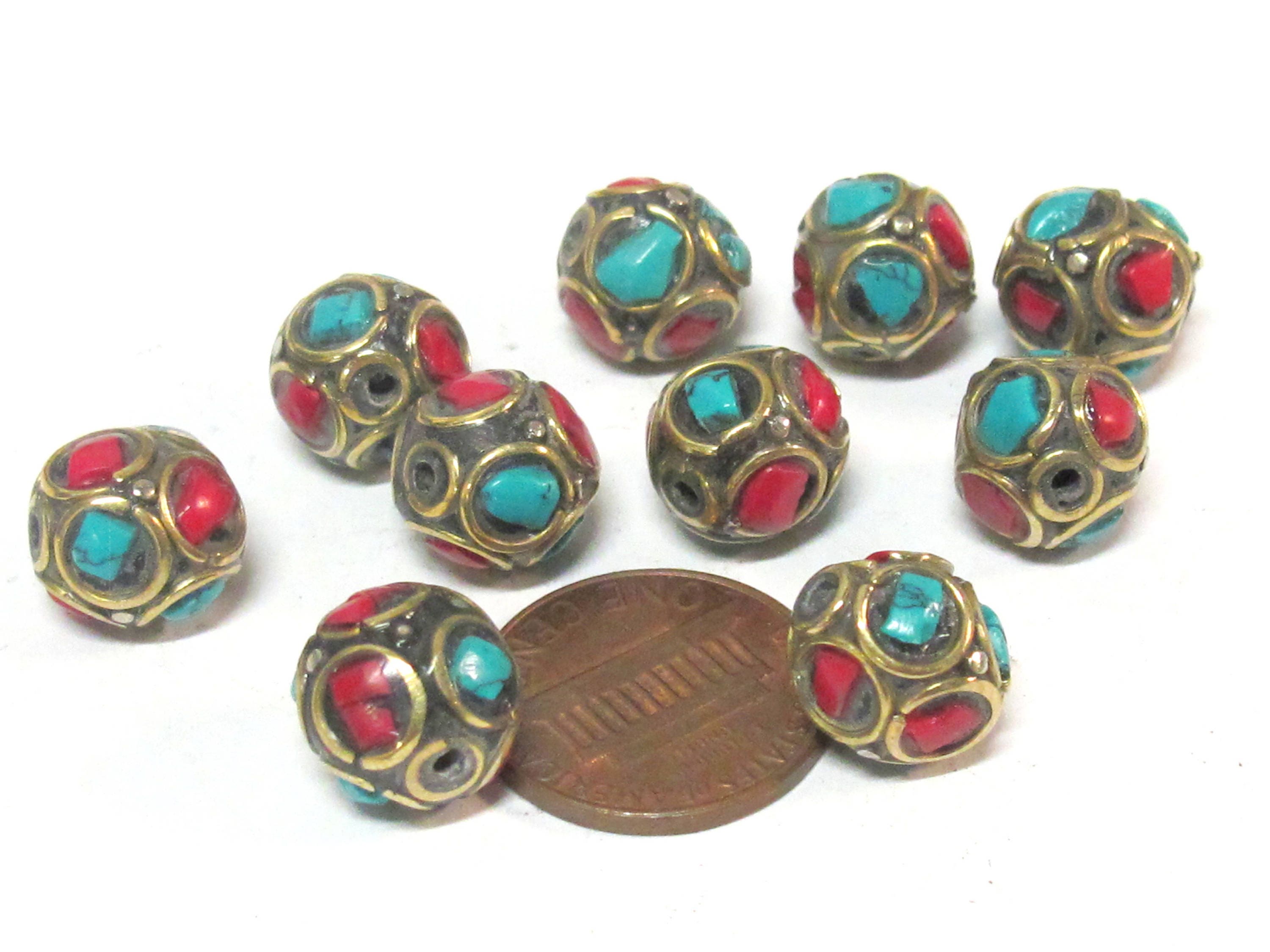 10 Beads - Ethnic Nepal beads oval shape brass circles design with turquoise inlay - BD837K