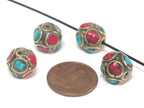10 Beads - Ethnic Nepal beads oval shape brass circles design with turquoise inlay - BD837K