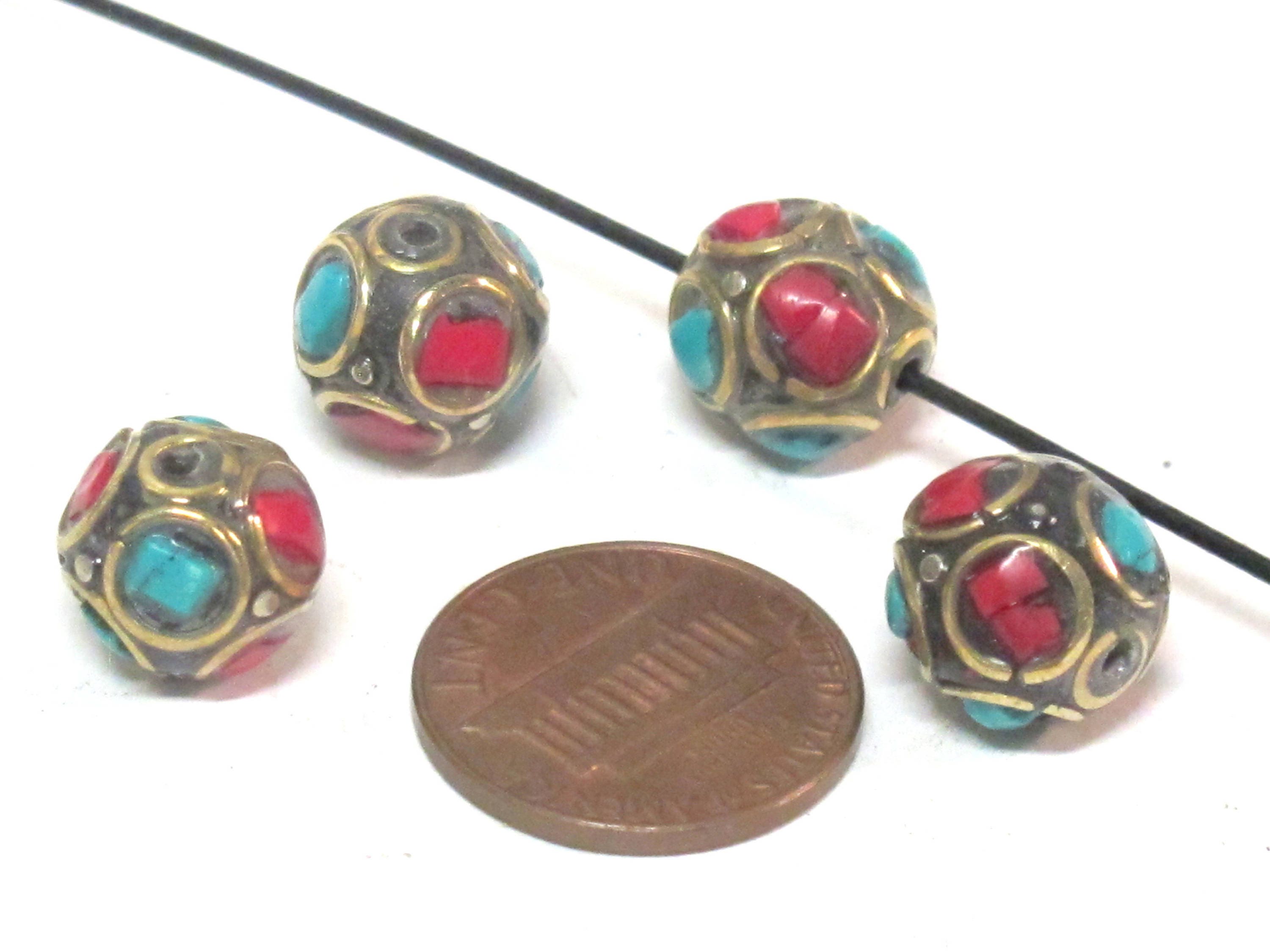 10 Beads - Ethnic Nepal beads oval shape brass circles design with turquoise inlay - BD837K
