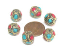 10 Beads - Ethnic Nepal beads oval shape brass circles design with turquoise inlay - BD837K