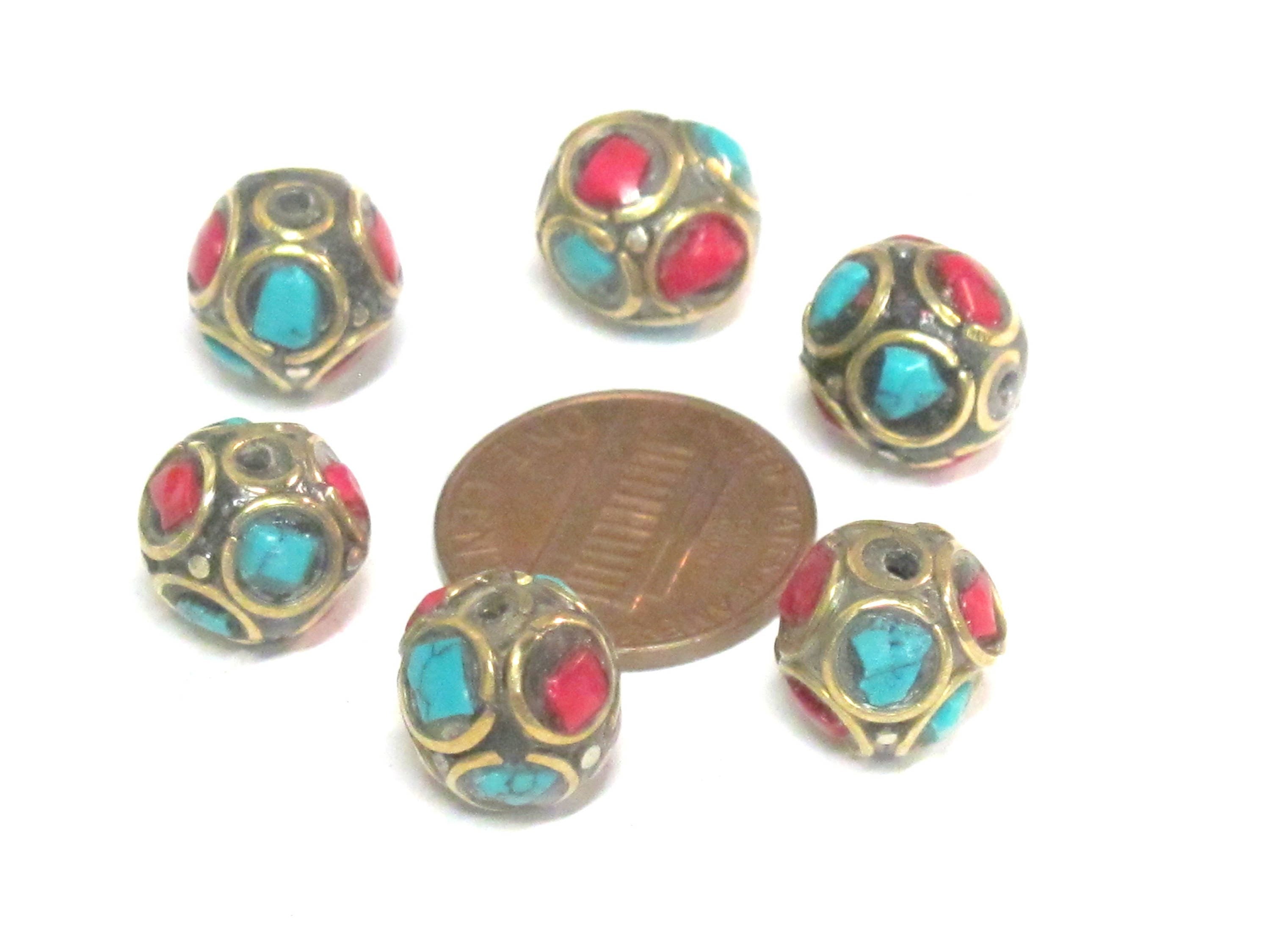 10 Beads - Ethnic Nepal beads oval shape brass circles design with turquoise inlay - BD837K
