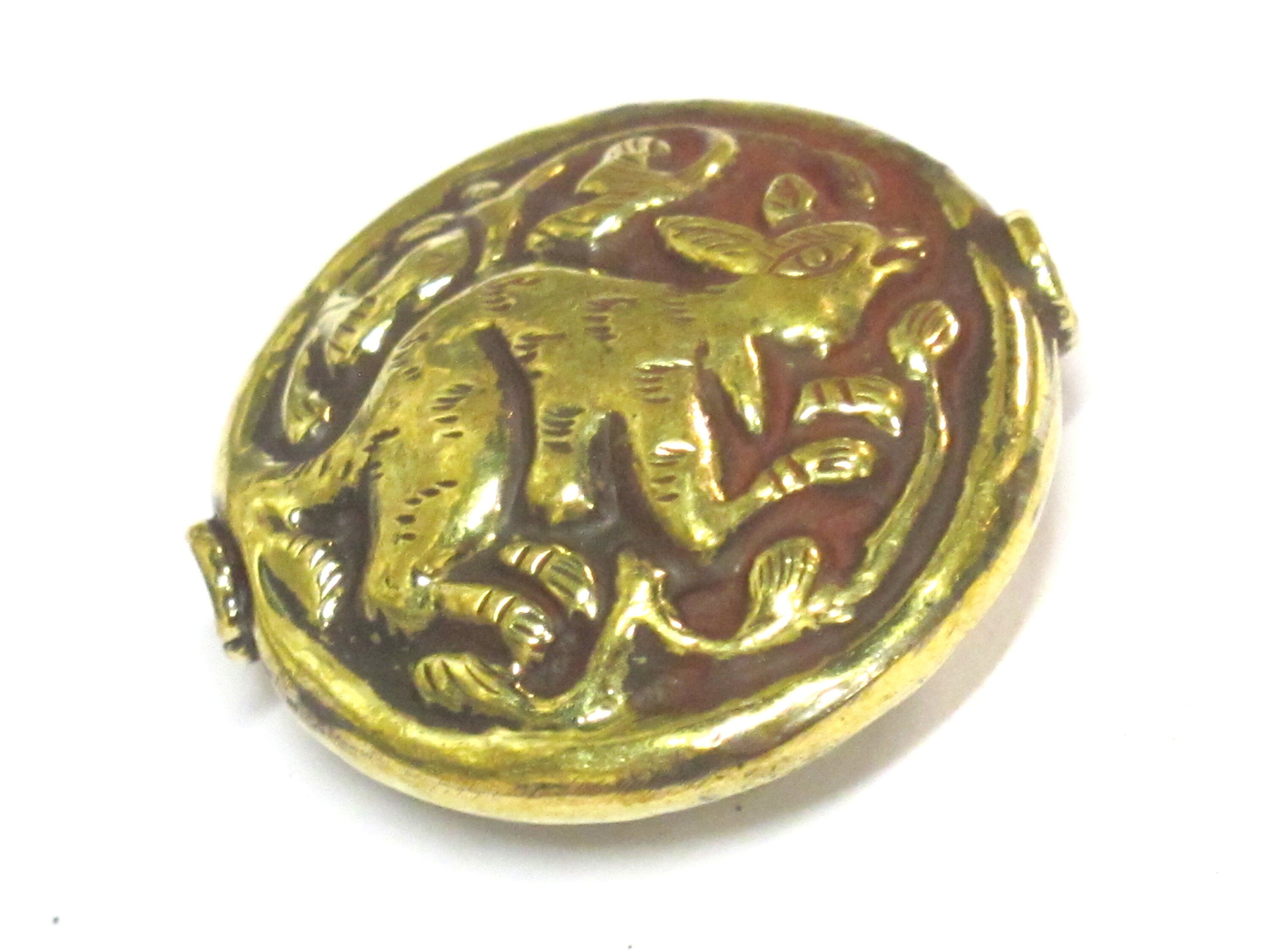 1 Bead - Large 34 -35 mm size Tibetan brass repousse rabbit design focal pendant bead antiqued golden color - BD426