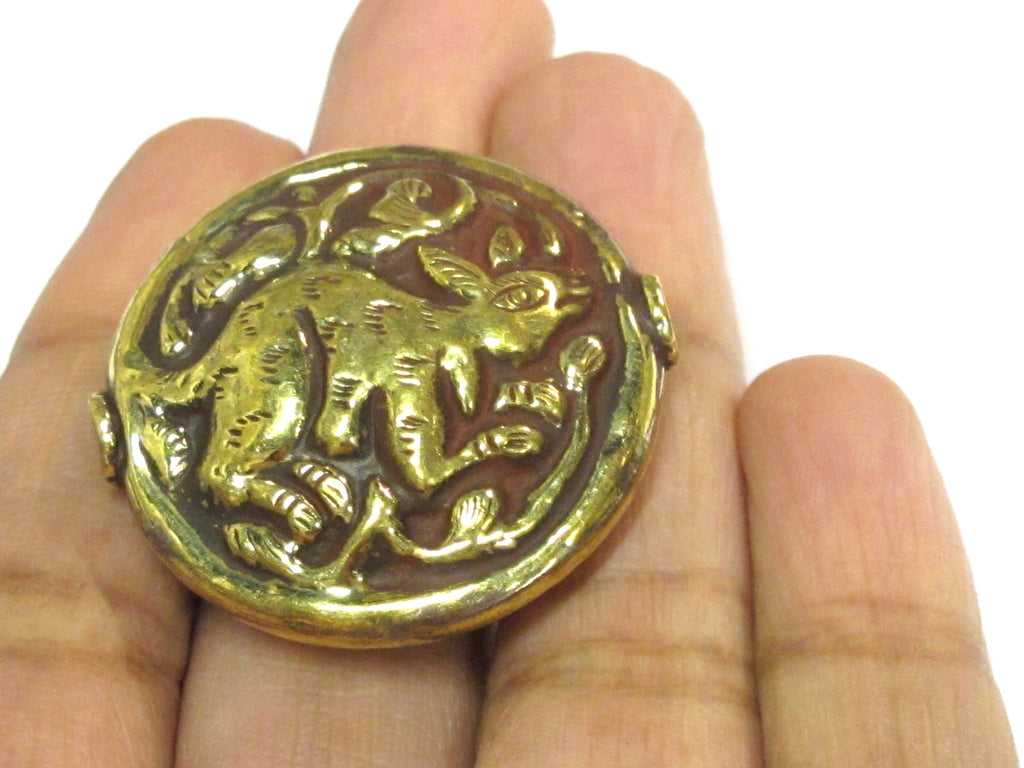 1 Bead - Large 34 -35 mm size Tibetan brass repousse rabbit design focal pendant bead antiqued golden color - BD426