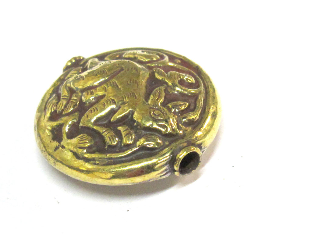 1 Bead - Large 34 -35 mm size Tibetan brass repousse rabbit design focal pendant bead antiqued golden color - BD426