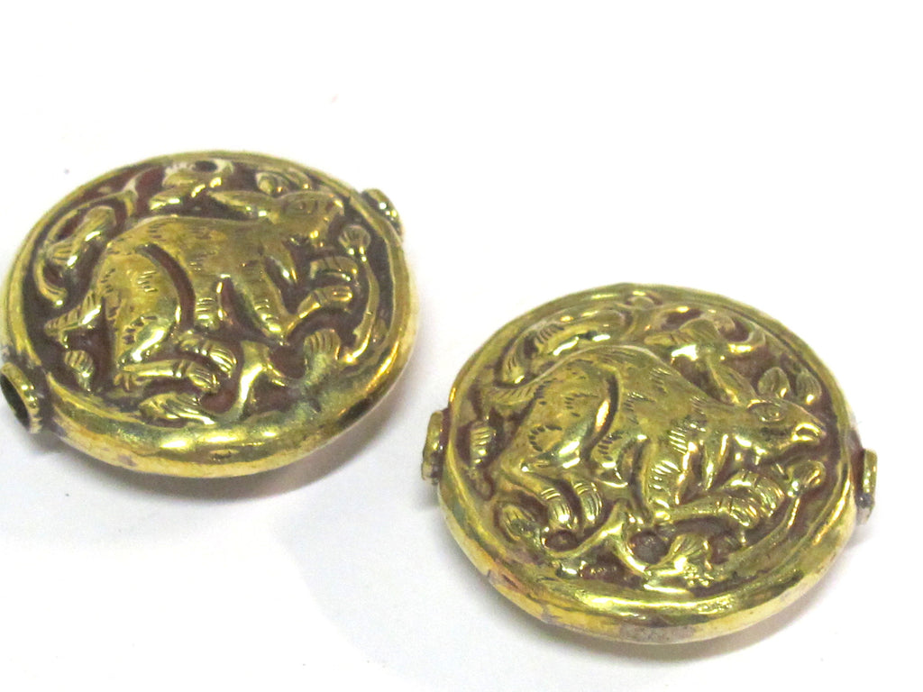 1 Bead - Large 34 -35 mm size Tibetan brass repousse rabbit design focal pendant bead antiqued golden color - BD426