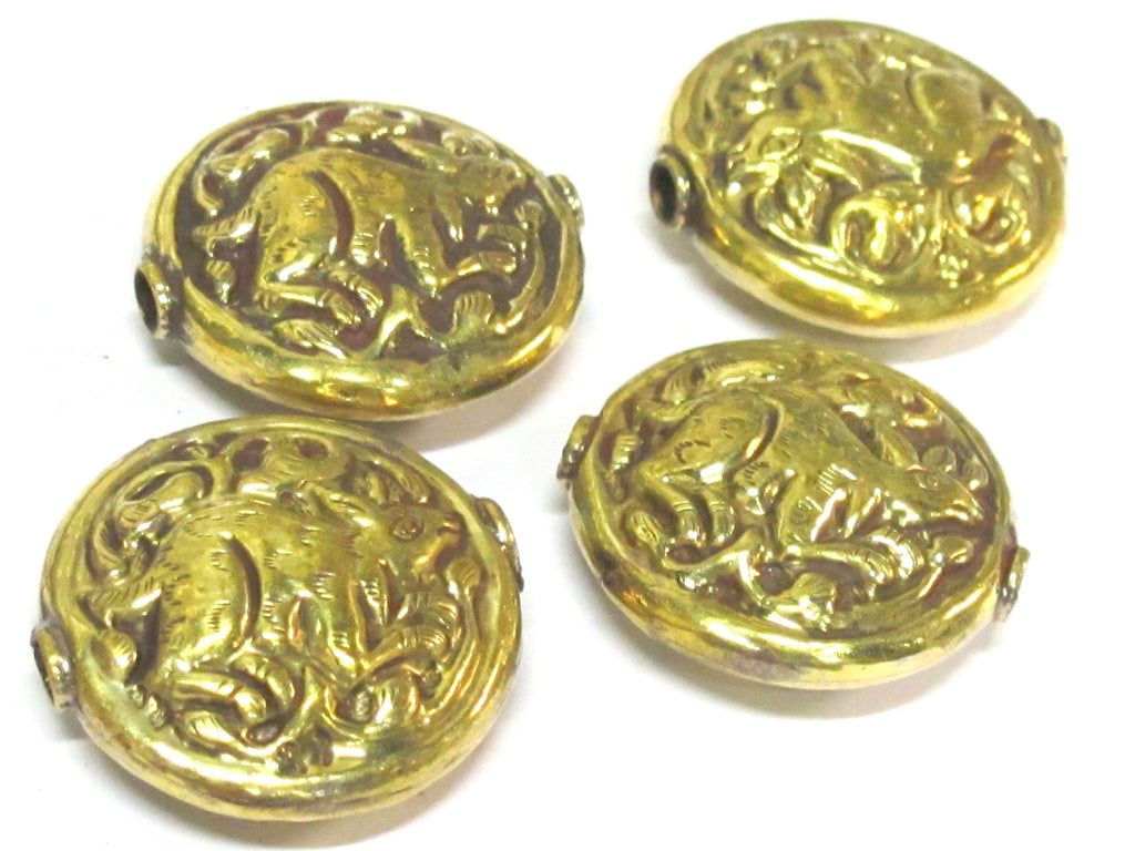 1 Bead - Large 34 -35 mm size Tibetan brass repousse rabbit design focal pendant bead antiqued golden color - BD426