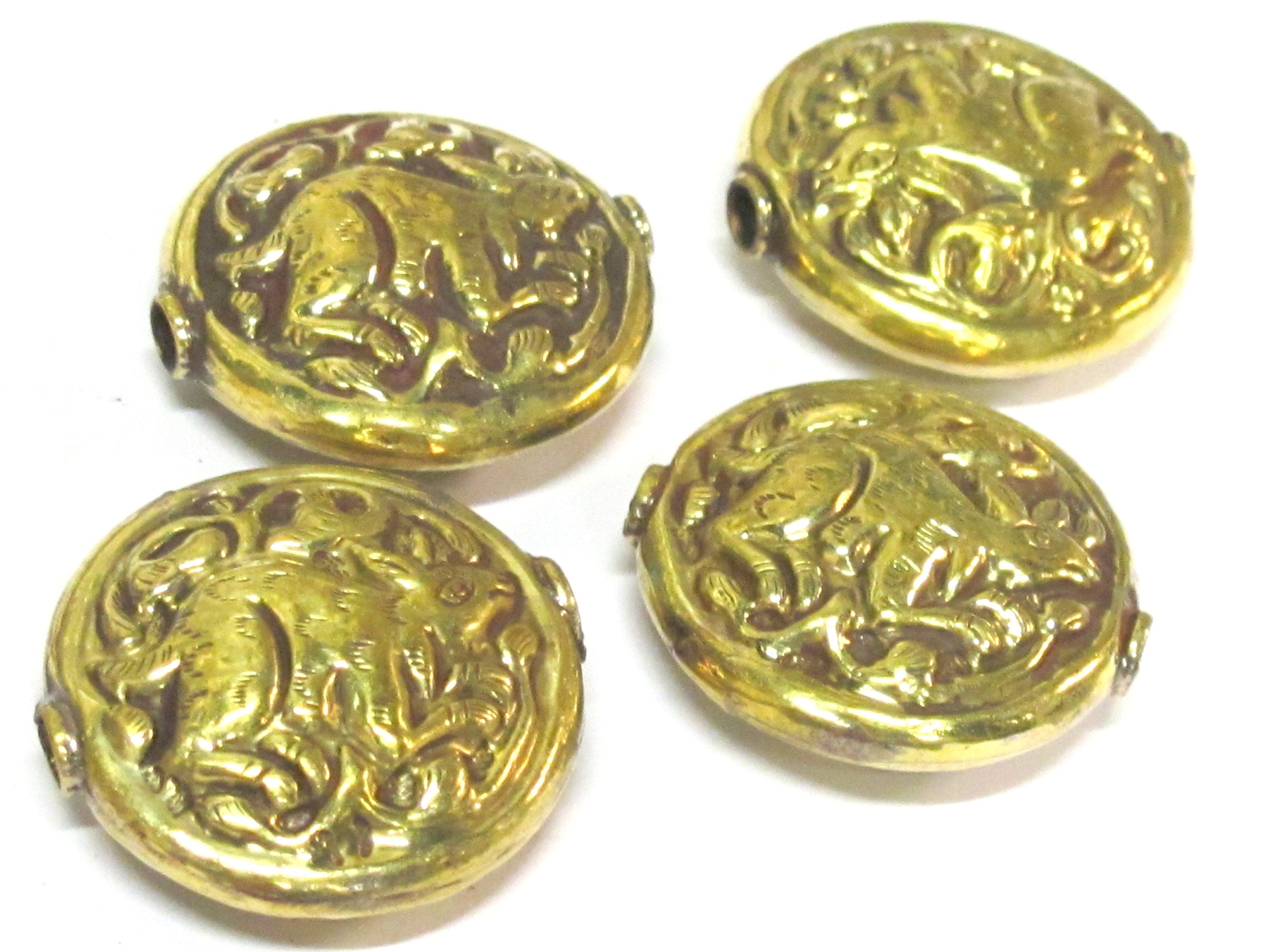 1 Bead - Large 34 -35 mm size Tibetan brass repousse rabbit design focal pendant bead antiqued golden color - BD426