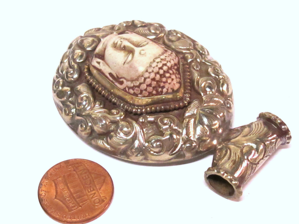 1 Pendant - Large Tibetan antiqued silver color Buddha pendant with Lotus flower carving - PM336E