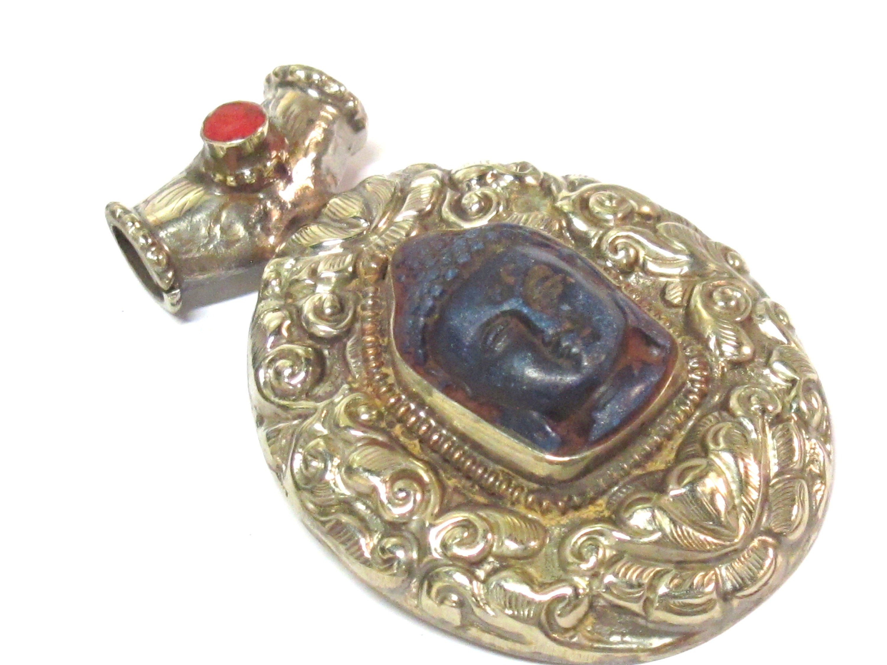1 Pendant - Large Tibetan antiqued finish silver color Blue Buddha pendant with Lotus flower carving - PM336L