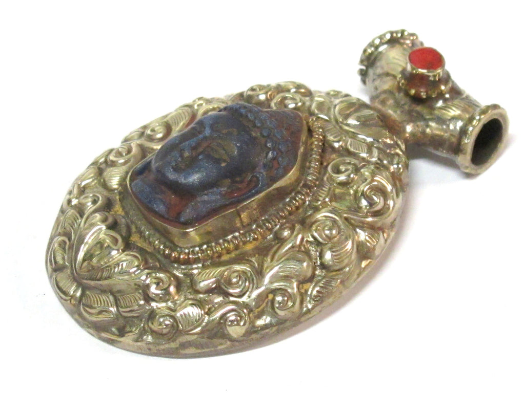 1 Pendant - Large Tibetan antiqued finish silver color Blue Buddha pendant with Lotus flower carving - PM336L