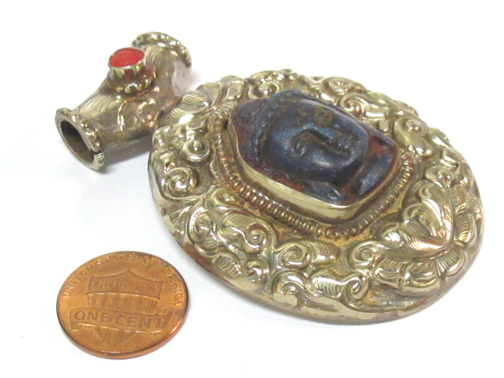 1 Pendant - Large Tibetan antiqued finish silver color Blue Buddha pendant with Lotus flower carving - PM336L