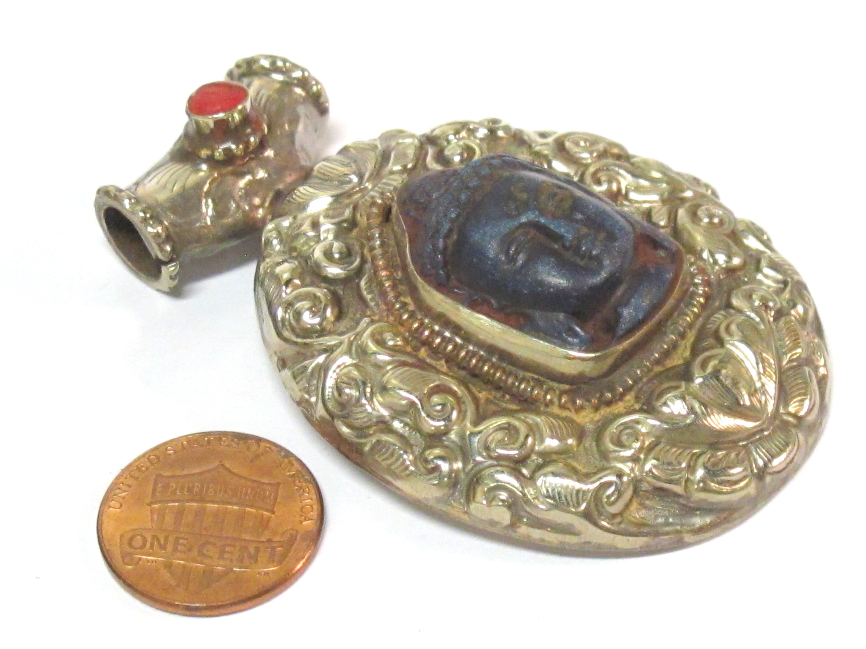 1 Pendant - Large Tibetan antiqued finish silver color Blue Buddha pendant with Lotus flower carving - PM336L