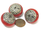1 Bead -Large Tibetan red crackle resin capped bead with tibetan double dorje vajra symbol - BD977A
