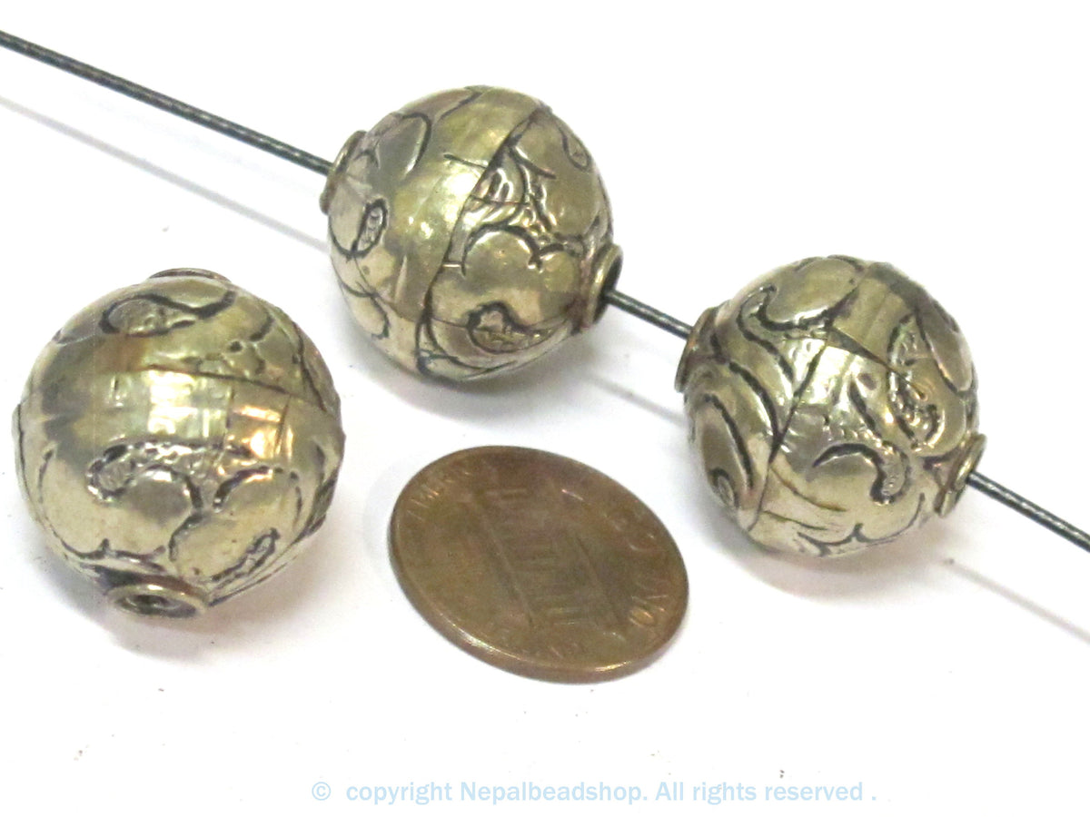 2 Beads - Tibetan repousse floral design oval shape beads 18 - 19 mm - BD978s