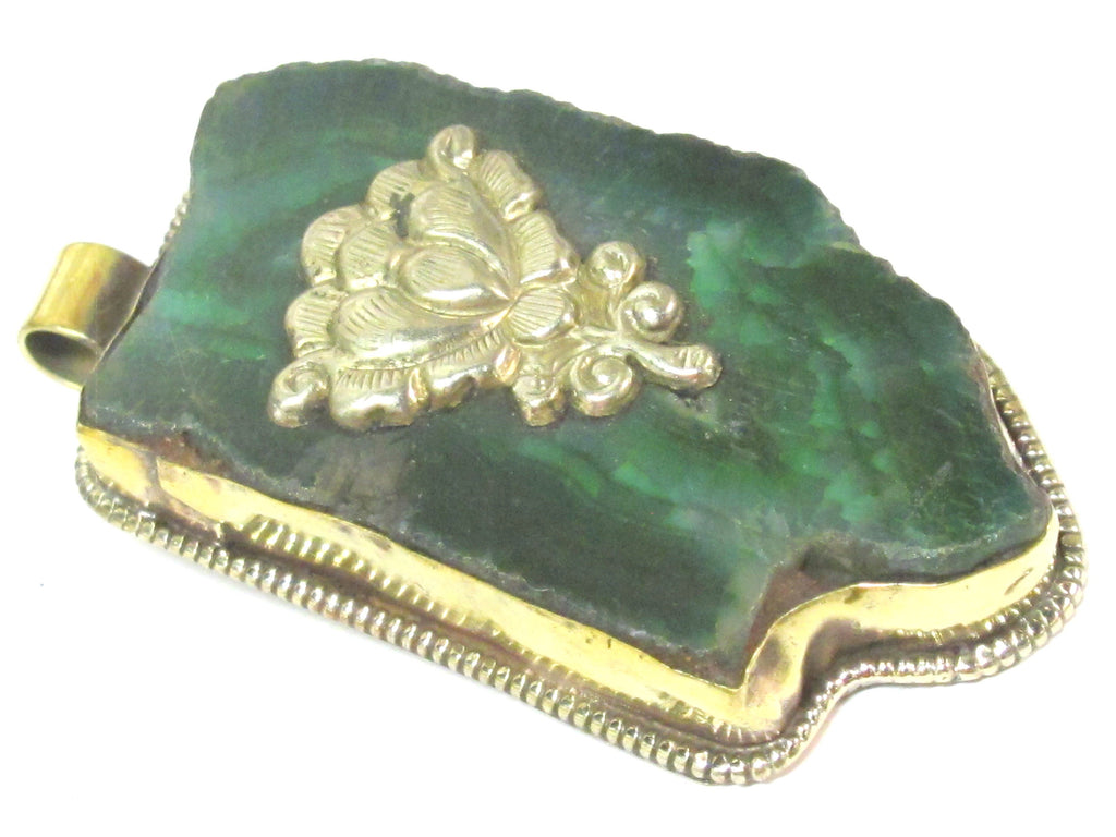 OOAK Tibetan Nepal large long freeform Green agate gemstone pendant featured with reverse side lotus flower design on brass - PM581MB