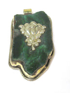 OOAK Tibetan Nepal large long freeform Green agate gemstone pendant featured with reverse side lotus flower design on brass - PM581MB