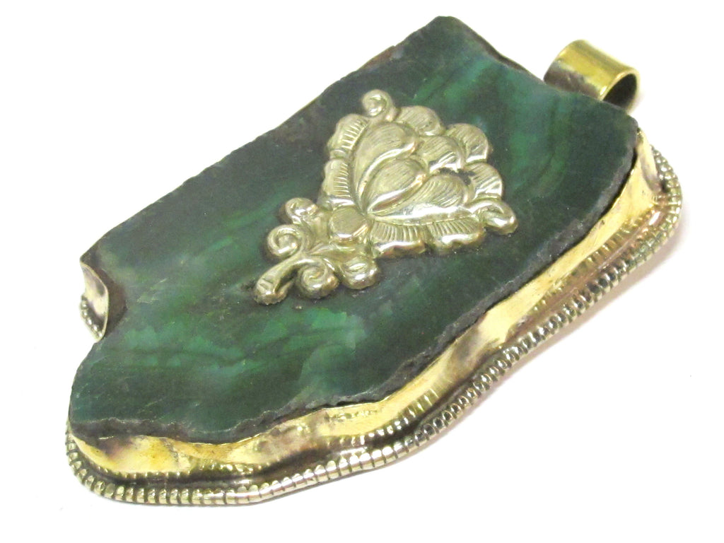 OOAK Tibetan Nepal large long freeform Green agate gemstone pendant featured with reverse side lotus flower design on brass - PM581MB