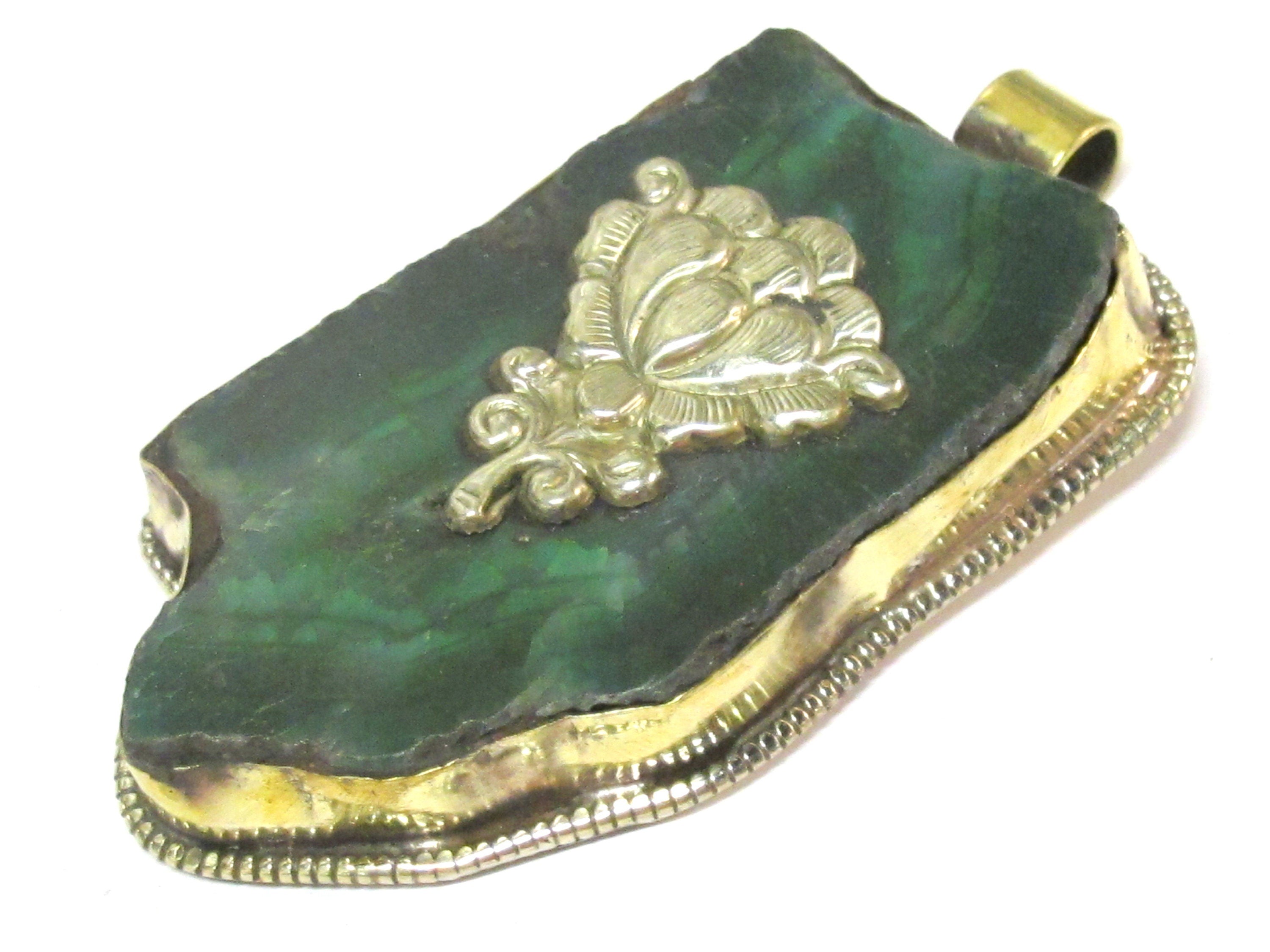 OOAK Tibetan Nepal large long freeform Green agate gemstone pendant featured with reverse side lotus flower design on brass - PM581MB