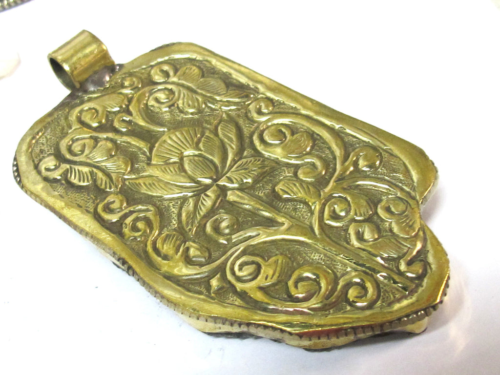 OOAK Tibetan Nepal large long freeform Green agate gemstone pendant featured with reverse side lotus flower design on brass - PM581MB