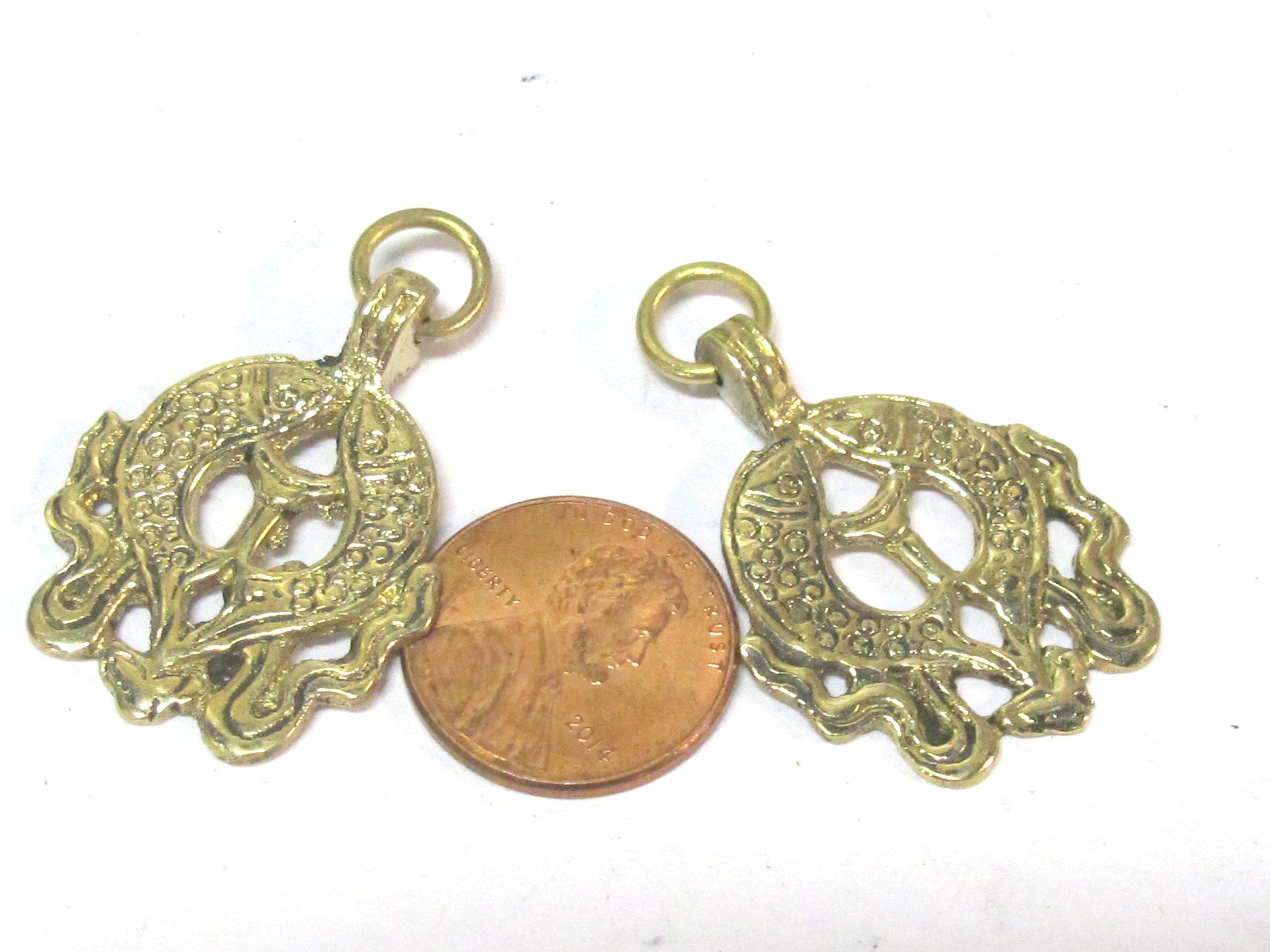 1 Pendant - Ethnic Tibetan Two golden fish auspicious Buddhist symbol charm Brass pendant Nepal - CP021C