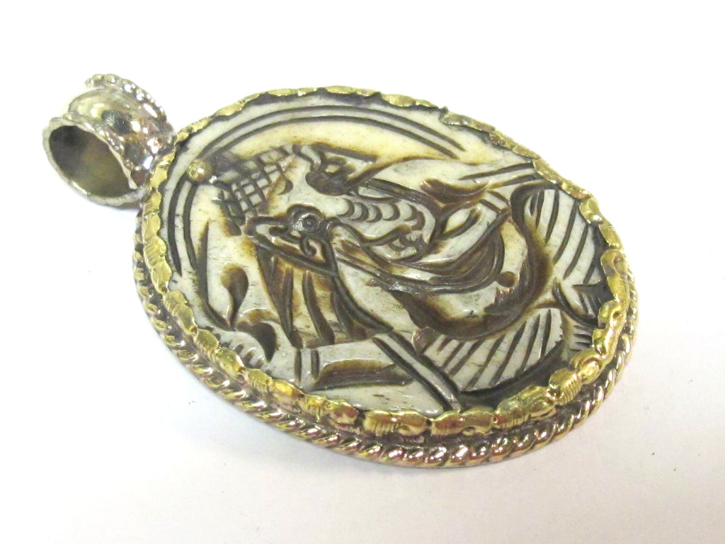 1 Pendant - Intricate carved ethnic Hindu Lord Ganesha recycled cattle bone pendant with floral carving on reverse side - PB007P