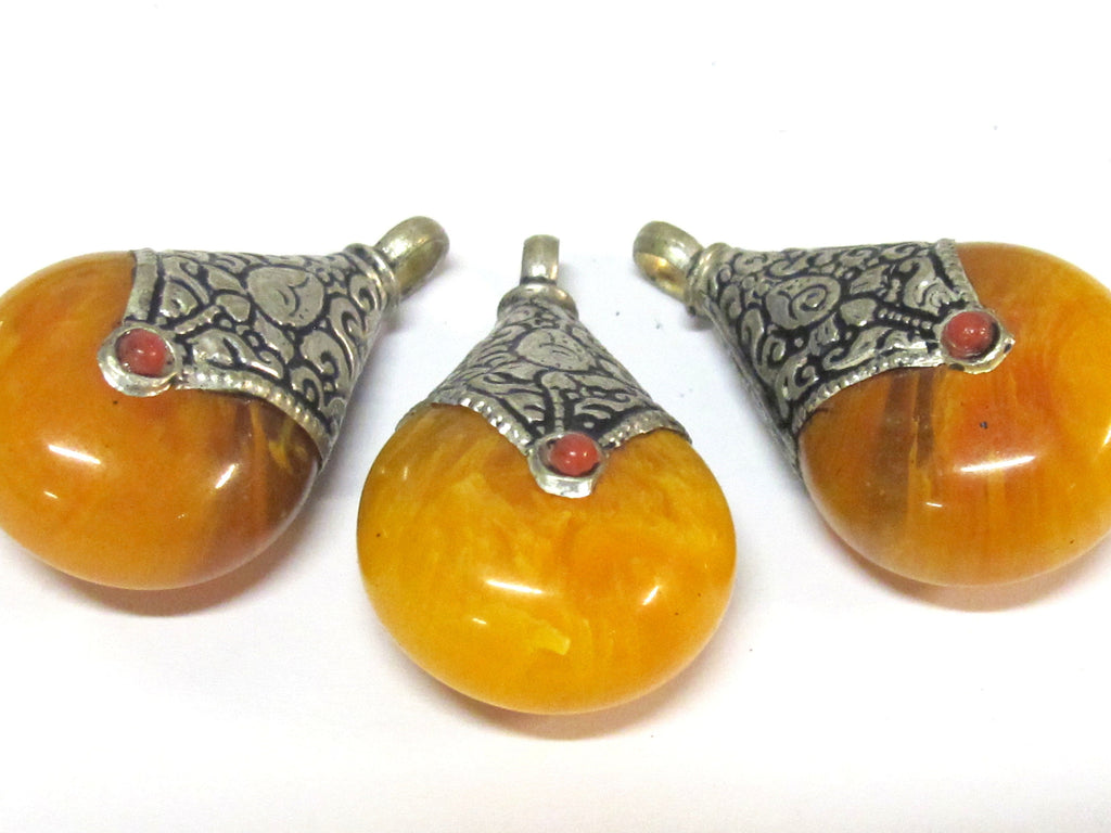 3 pendants - Tibetan pendants - Tibetan silver honey copal resin reversible pendant lotus floral design Tibetan drop charm pendants PM612A