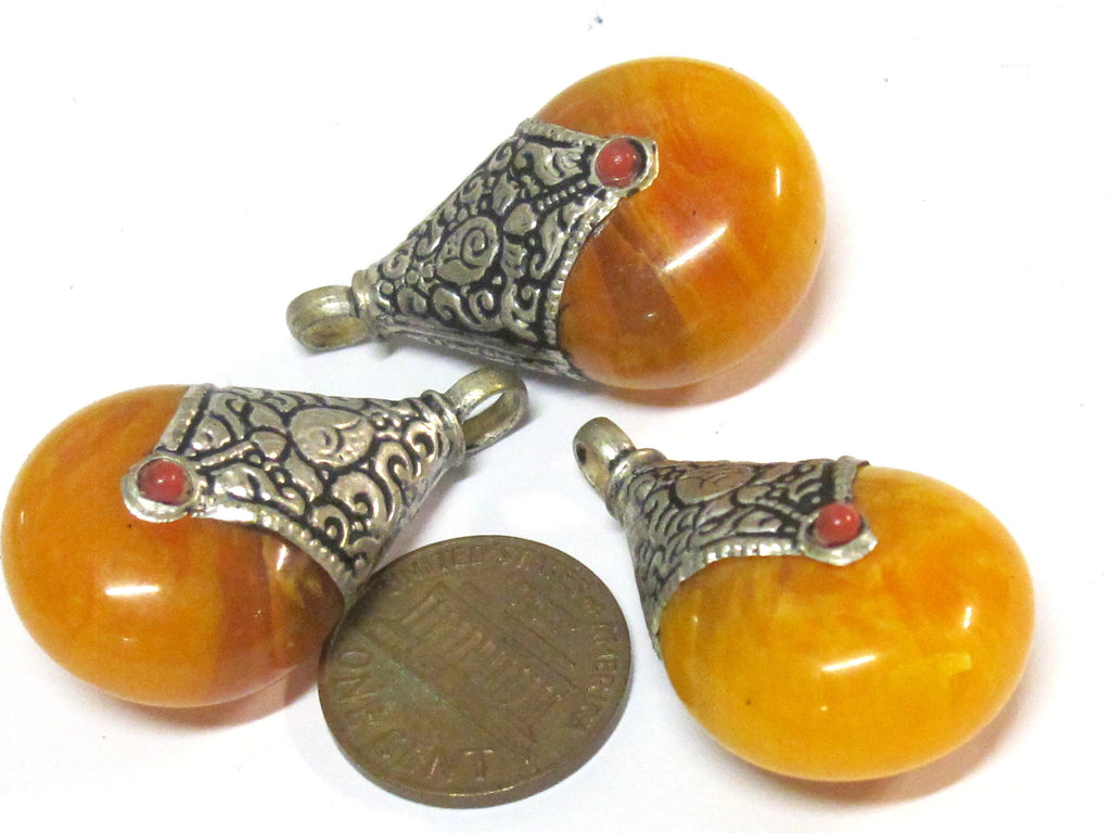 3 pendants - Tibetan pendants - Tibetan silver honey copal resin reversible pendant lotus floral design Tibetan drop charm pendants PM612A