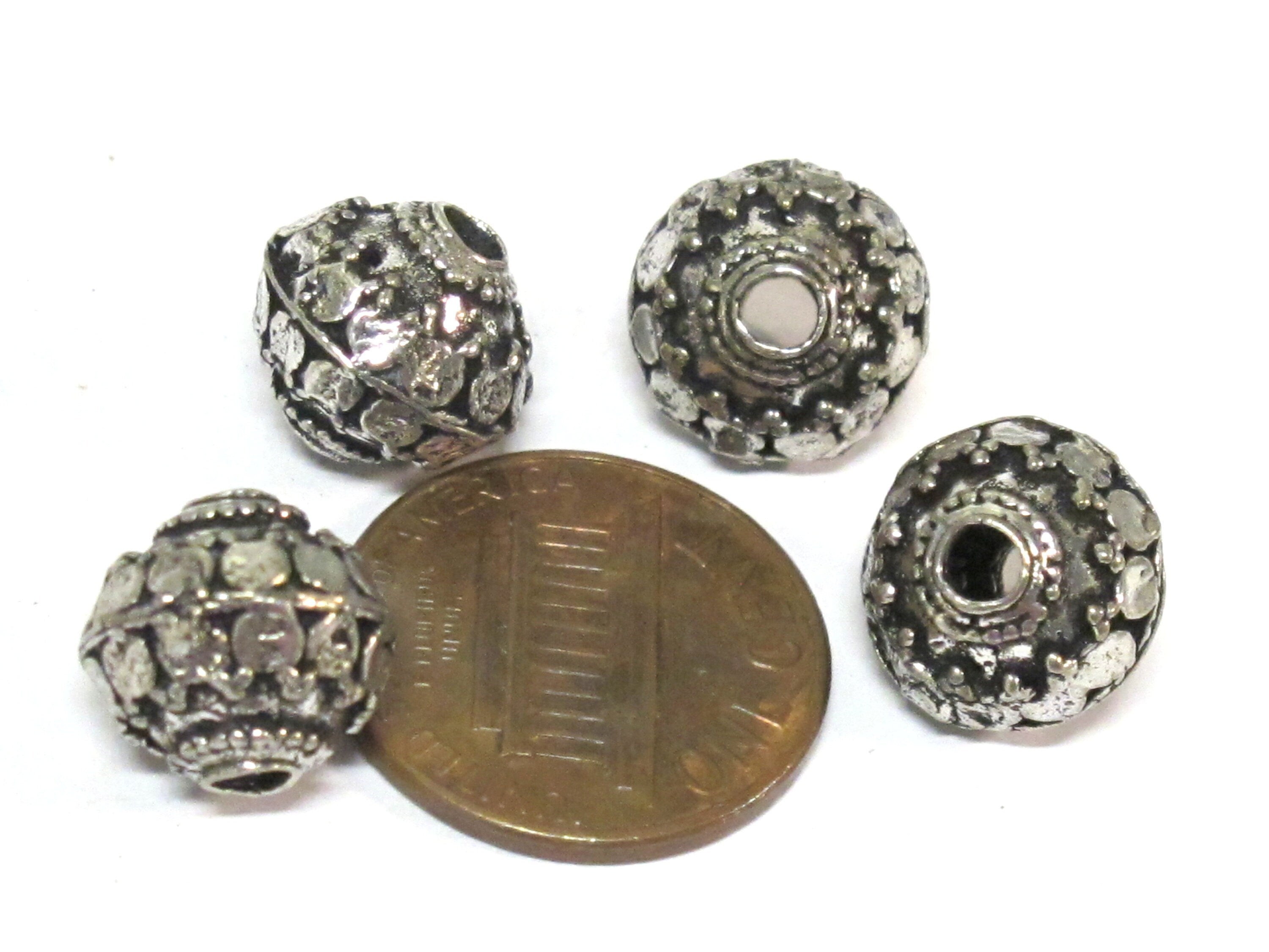 4 BEADS - Tibetan Bicone shape antiqued silver color finish metal alloy beads from Nepal - BD645B
