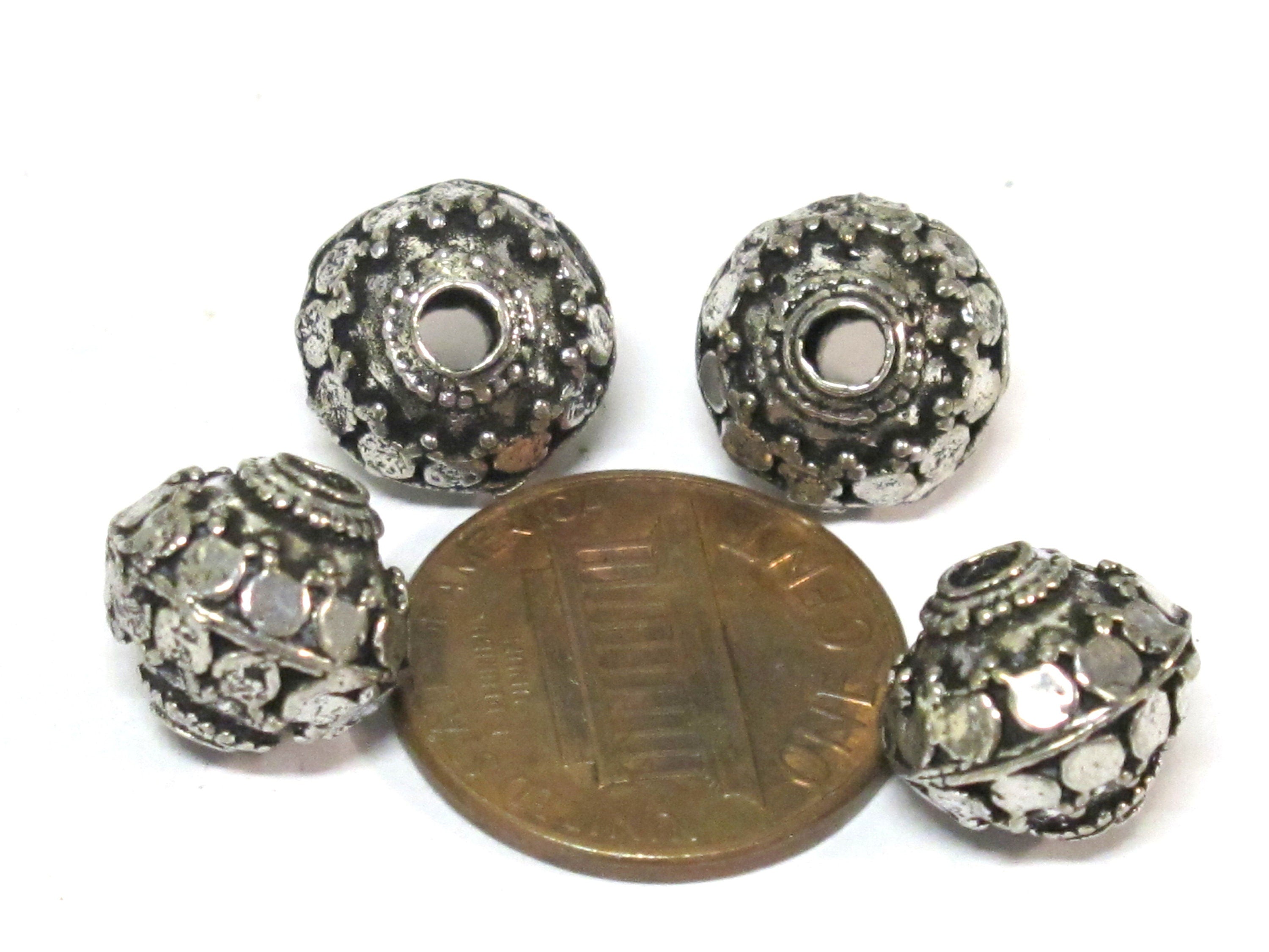4 BEADS - Tibetan Bicone shape antiqued silver color finish metal alloy beads from Nepal - BD645B