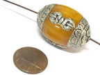 1 bead - Large Tibetan honey copal resin capped bead with tibetan silver dorje vajra symbol - BD121B