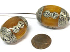 1 bead - Large Tibetan honey copal resin capped bead with tibetan silver dorje vajra symbol - BD121B