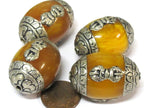 1 bead - Large Tibetan honey copal resin capped bead with tibetan silver dorje vajra symbol - BD121B