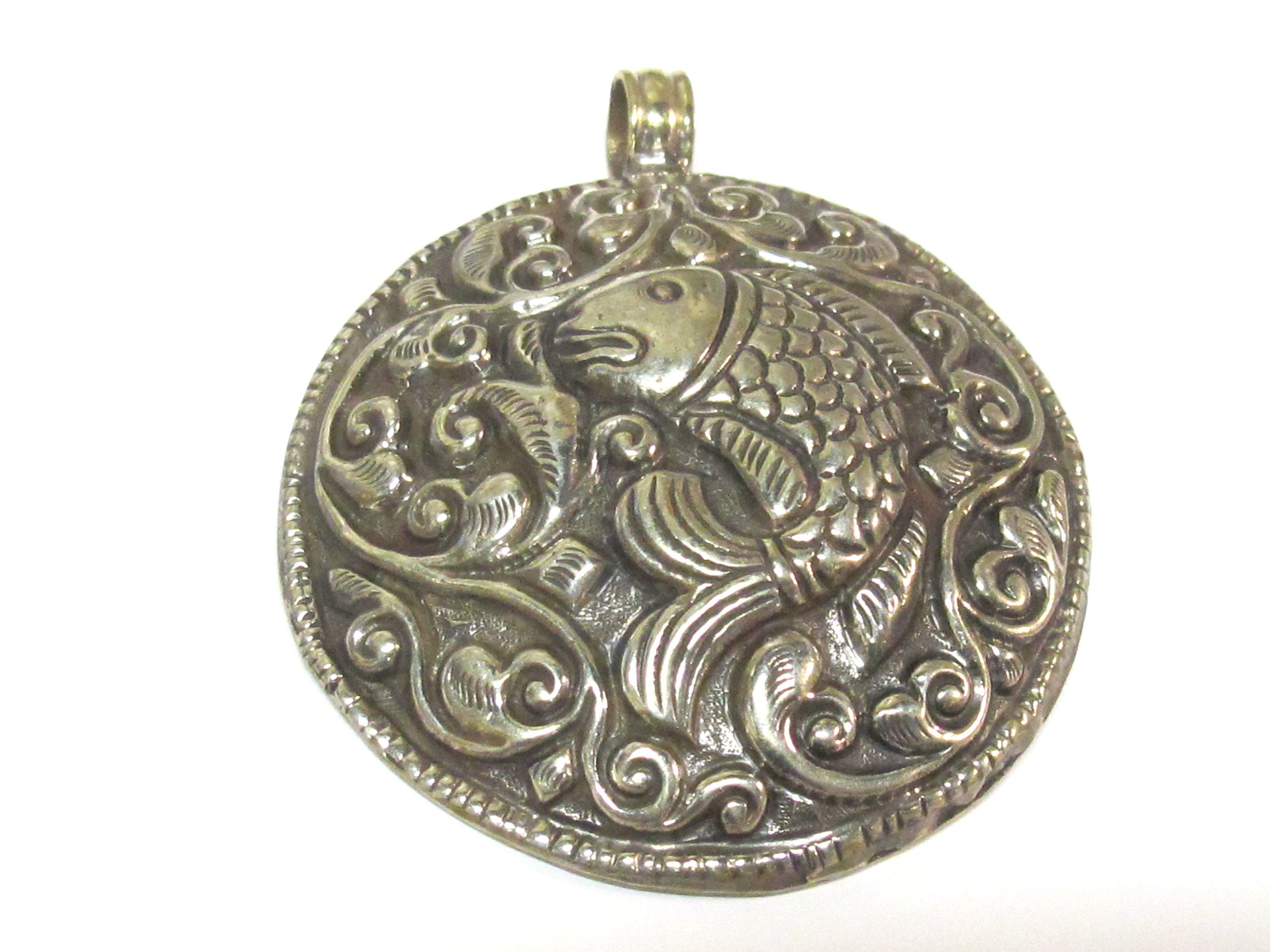 Large size Tibetan antiqued silver finish repousse Fish pendant with reverse side carving Nepal - PM351R