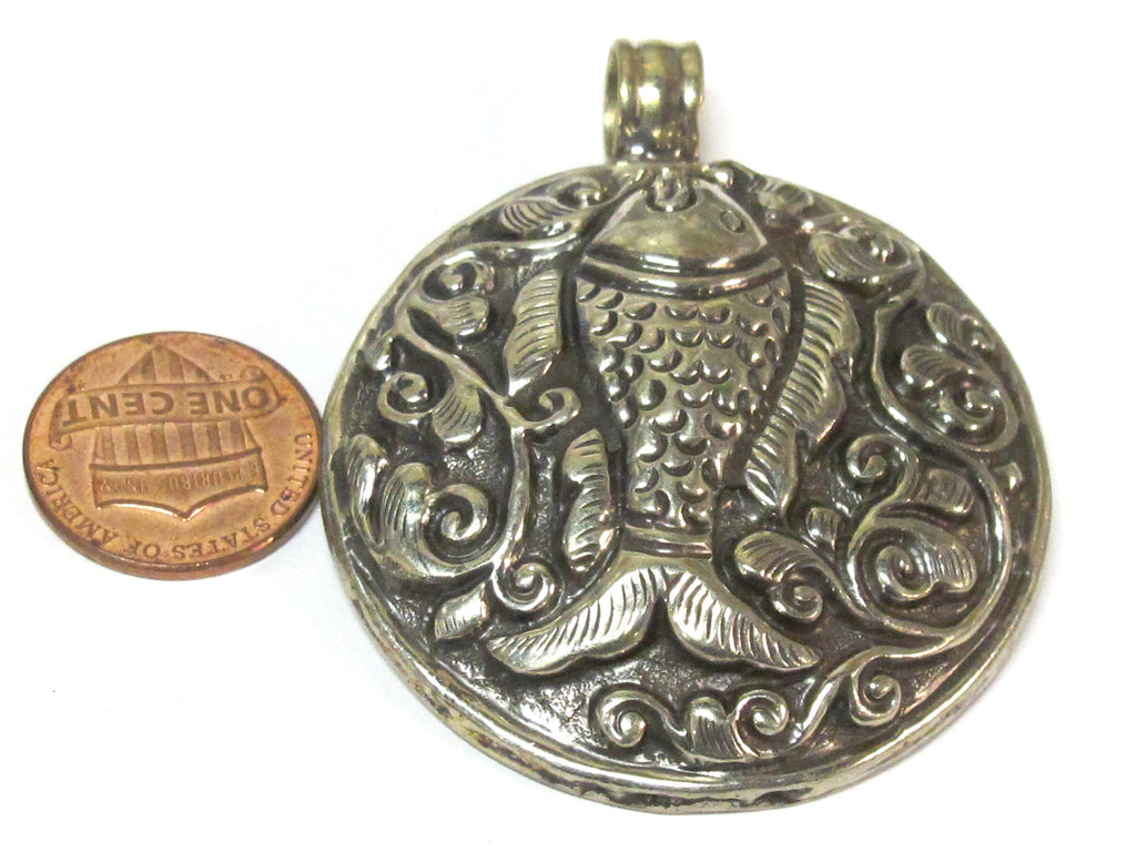 Large size Tibetan antiqued silver finish repousse Fish pendant with reverse side carving Nepal - PM351V