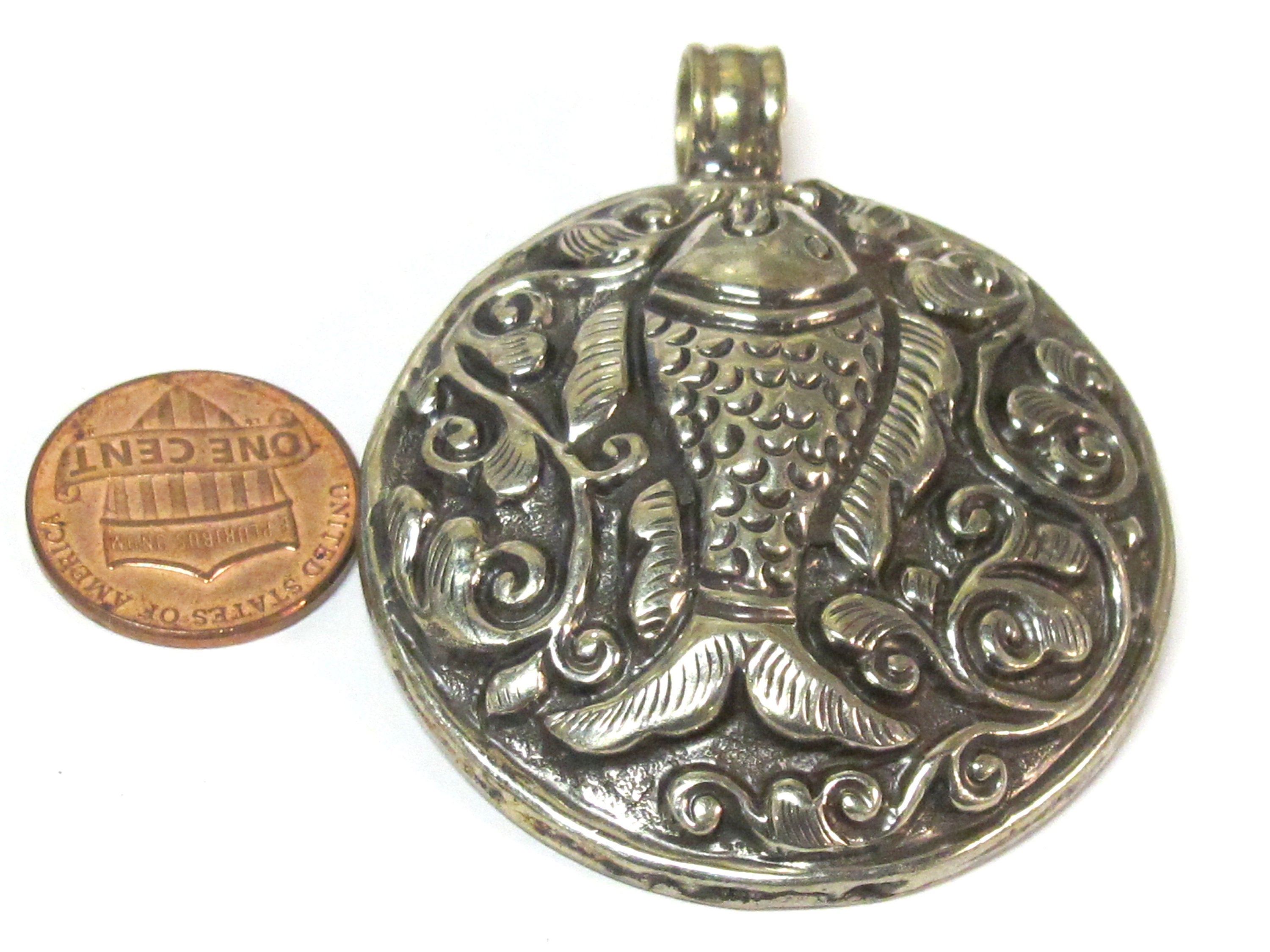 Large size Tibetan antiqued silver finish repousse Fish pendant with reverse side carving Nepal - PM351V