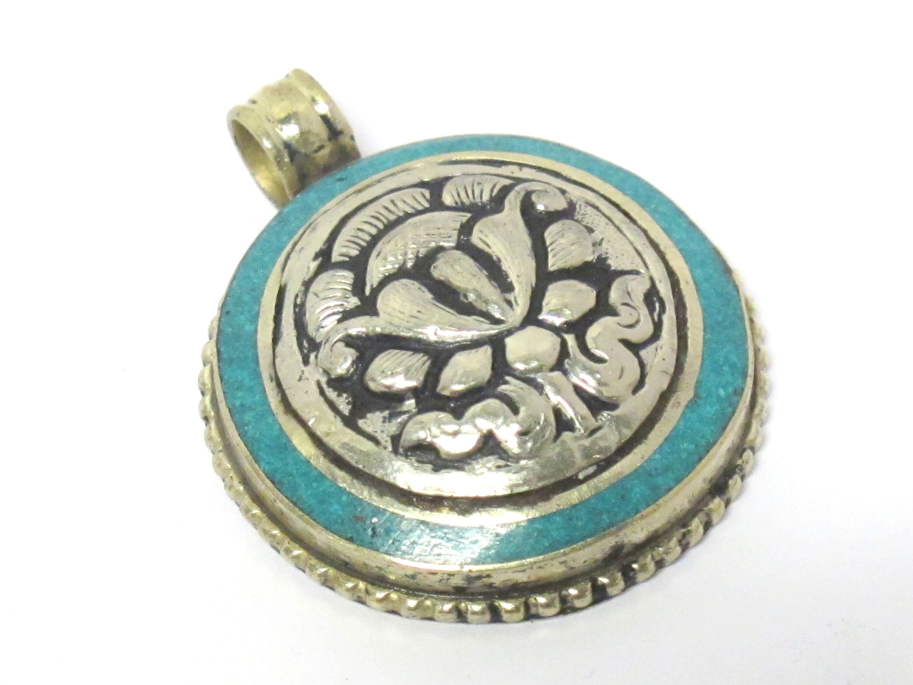 1 Pendant - Tibetan lotus flower double dorje symbol reversible pendant with turquoise inlay - PM610A