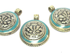 1 Pendant - Tibetan lotus flower double dorje symbol reversible pendant with turquoise inlay - PM610A